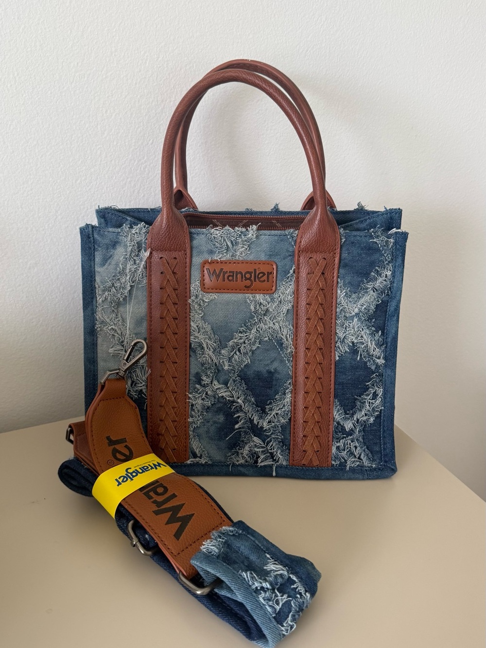 Wrangler Blue Denim Tote with Brown Leather Handles